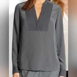 Vince Lead Gray Silk Split Neck Long Sleeve Top Blouse